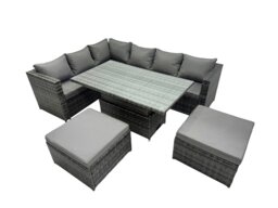 Rackhams 8 seater Height Adjustable Rising Lifting Table Corner Sofa Set Rattan Garden Furniture Dining Set with 2 Big Stool Dark Grey Mixed - thumbnail 1