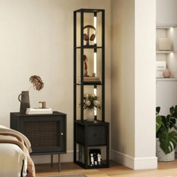 Rackhams Floor Lamp with Shelves, LED Standing Lamp with Fabric Drawer, Oak - Black