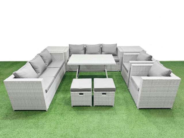 Rackhams 10 Seater Garden Furniture Set PE Rattan Garden Sofa Set with Rectangular Dining Table 2 Small Stools 2 Side Tables Light Grey - image 1