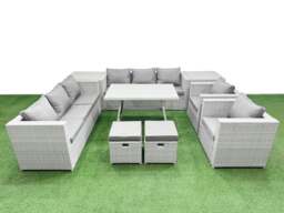 Rackhams 10 Seater Garden Furniture Set PE Rattan Garden Sofa Set with Rectangular Dining Table 2 Small Stools 2 Side Tables Light Grey - thumbnail 1