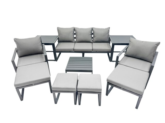 Rackhams Outdoor Garden Furniture Set Aluminium Lounge Sofa Square Coffee Table Sets with 4 Stools 2 Side Tables Dark Grey - image 1