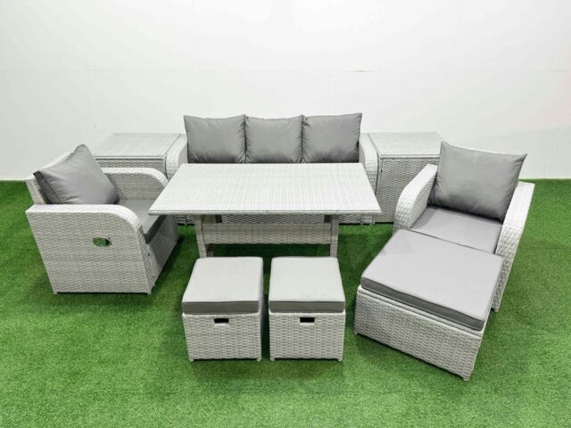 Rackhams PE Rattan Garden Furniture Set Reclining Chair Sofa Lounge Sofa Set Rectangular Dining Table 2 Side Table 3 Stools Light Grey