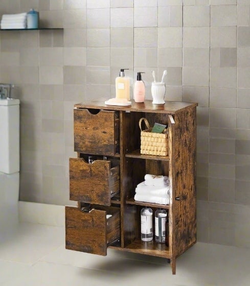Rackhams Rustic Bathroom Floor Cabinet with 3 Drawers & Adjustable Shelves – Wooden Storage Unit for Bathroom - image 1