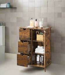 Rackhams Rustic Bathroom Floor Cabinet with 3 Drawers & Adjustable Shelves – Wooden Storage Unit for Bathroom
