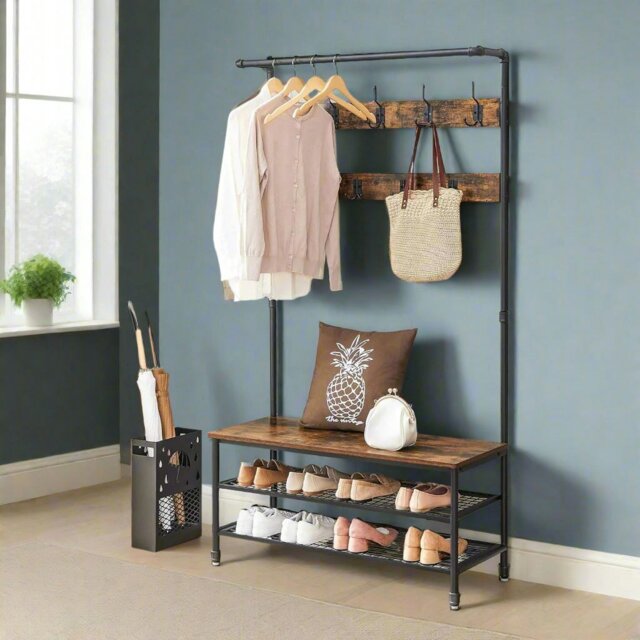 Rackhams Large Hall Tree Coat Rack with Bench and Shoe Rack - image 1