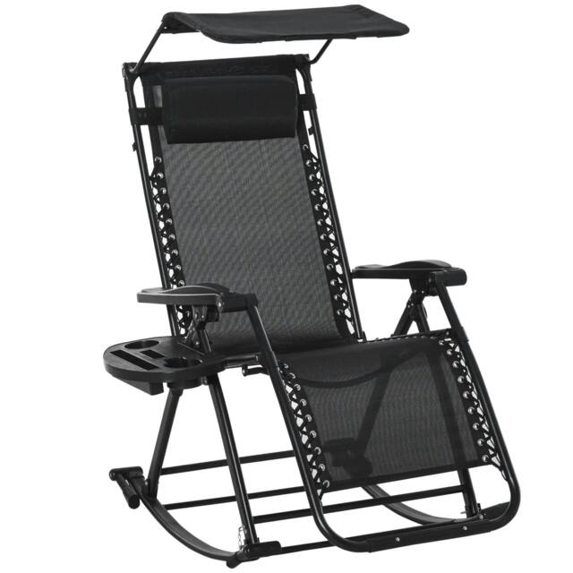 Rackhams Garden Rocking Chair Folding Recliner Outdoor Adjustable Sun Lounger Rocker Zero-Gravity Seat with Headrest Side Holder Patio Deck - Black - image 1