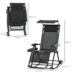 Rackhams Garden Rocking Chair Folding Recliner Outdoor Adjustable Sun Lounger Rocker Zero-Gravity Seat with Headrest Side Holder Patio Deck - Black - thumbnail 3