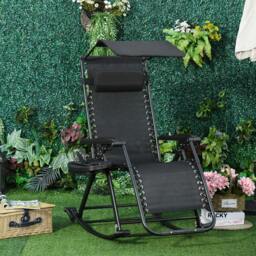 Rackhams Garden Rocking Chair Folding Recliner Outdoor Adjustable Sun Lounger Rocker Zero-Gravity Seat with Headrest Side Holder Patio Deck - Black - thumbnail 2