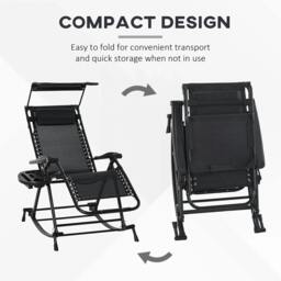 Rackhams Garden Rocking Chair Folding Recliner Outdoor Adjustable Sun Lounger Rocker Zero-Gravity Seat with Headrest Side Holder Patio Deck - Black - thumbnail 4