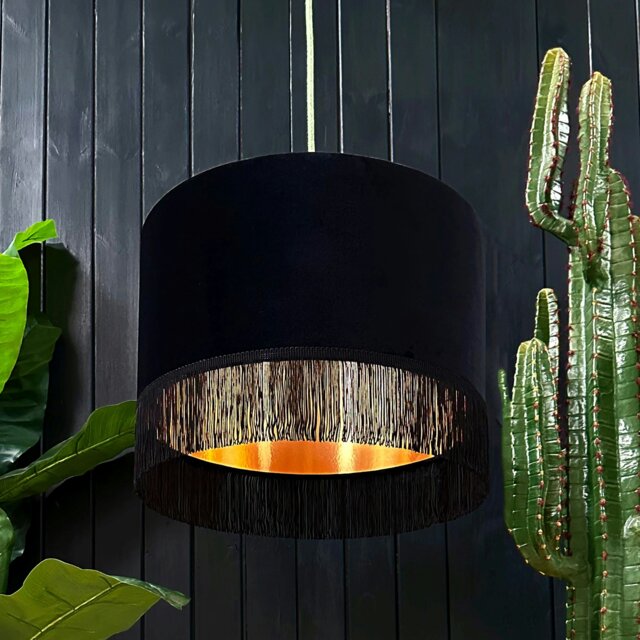 "Rackhams Black Velvet Lampshade With Copper Foil Lining and Fringing - Ceiling Pendant / Arc Lamp - 25cm Diameter x 25cm Height / (10"" x 10"")" - image 1