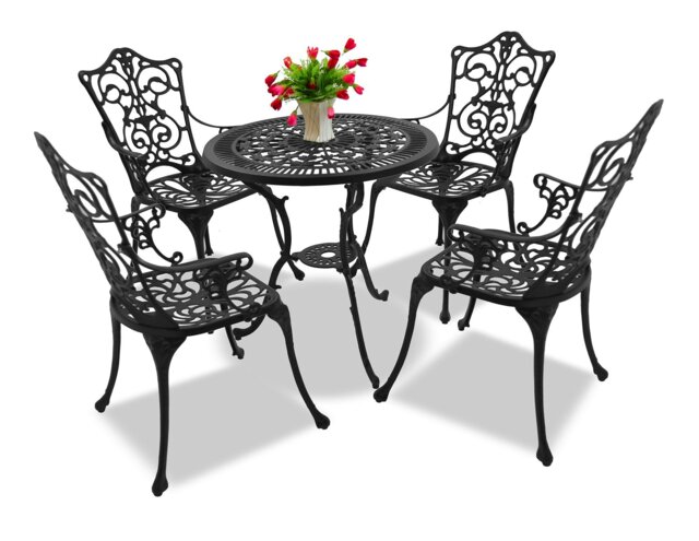 Rackhams TABREEZ Opulent Garden and Patio Table and 4 Large Chairs with Armrests Cast Aluminium Bistro Set - Black - image 1