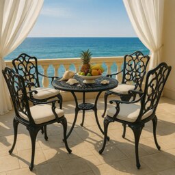 Rackhams TABREEZ Opulent Garden and Patio Table and 4 Large Chairs with Armrests Cast Aluminium Bistro Set - Black - thumbnail 5