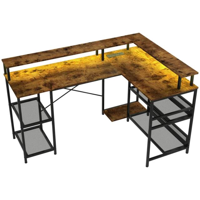 Rackhams LED Light 'L' Computer Desk, with Shelves - Brown