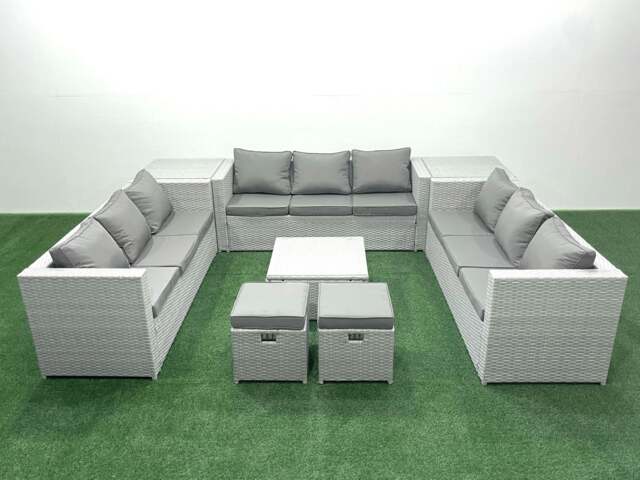 Rackhams Rattan Garden Outdoor Furniture Set 11 Seater Rattan Garden Sofa Set with 2 Small Footstool 2 Side Tables Light Grey Mixed - image 1