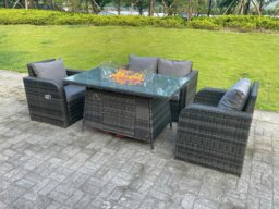 Rackhams Dark Mixed Grey Rattan Outdoor Garden Furniture Gas Fire Pit Table Sets Gas Heater Love Sofa Reclining Adjustable Chairs 4 Seater - thumbnail 3
