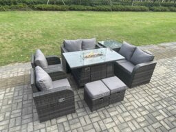 Rackhams 8 Seater Rattan Garden Furniture Set Propane Gas Fire Pit Table and Sofa Chair set with Side Tables 2 Small Footstools - thumbnail 2