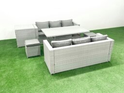 Rackhams Rattan Garden Furniture Set 8 Seater Outdoor Sofa Set with Dining Table Side Table 2 Small Footstools Light Grey Mixed - thumbnail 1