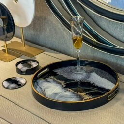Rackhams Round Black Abstract Drinks & Candle Tray