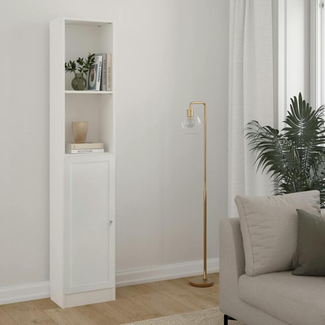 "Rackhams Basic Tall Narrow Combination Storage Bookcase in White (4 Shelves) with Glass White Door - Manufactured Wood - 1 - White " - image 1