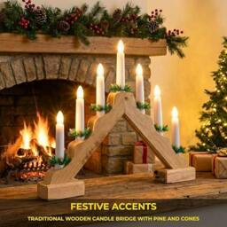Rackhams 5cm Natural Wooden Pre-Lit Christmas Candle Bridge Decoration with 7 LED Flame Bulbs - thumbnail 6