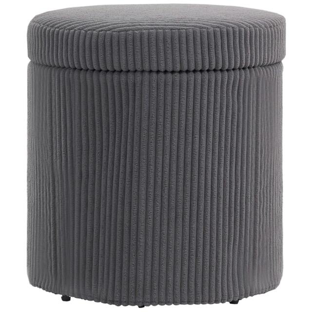 Rackhams 40cm Round Storage Ottoman, Corduroy Footstool with Removable Lid and Legs, Vanity Stool for Living Room, Bedroom, Grey
