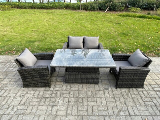 Rackhams High Back Rattan Garden Furniture Sofa Sets with Height Adjustable Rising Lifting Table Side Table - Dark Grey Mixed - image 1