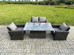 Rackhams High Back Rattan Garden Furniture Sofa Sets with Height Adjustable Rising Lifting Table Side Table - Dark Grey Mixed - thumbnail 1