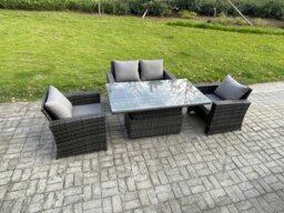 Rackhams High Back Rattan Garden Furniture Sofa Sets with Height Adjustable Rising Lifting Table Side Table - Dark Grey Mixed - thumbnail 2
