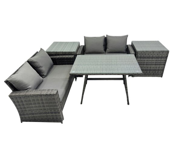 Rackhams 4 Seater Wicker PE Rattan Furniture Outdoor Dining Table Double Seat Sofa 2 Side Table Sets Dark Grey Mixed - image 1