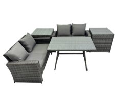 Rackhams 4 Seater Wicker PE Rattan Furniture Outdoor Dining Table Double Seat Sofa 2 Side Table Sets Dark Grey Mixed