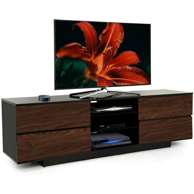 "Rackhams AVITUS High Gloss Black with 4-Walnut Drawers for 32""-65"" LED/OLED/LCD TV Cabinet - FULLY ASSEMBLED" - image 1