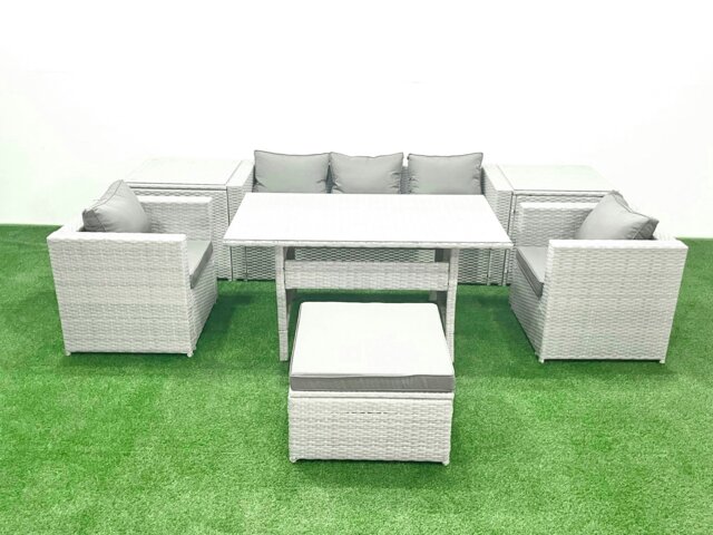 Rackhams Garden Dining Set Outdoor Rattan Furniture Set with Sofa Dining Table 2 Chairs Big Footstool 2 Side Tables Light Grey Mixed - image 1