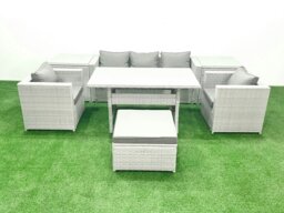 Rackhams Garden Dining Set Outdoor Rattan Furniture Set with Sofa Dining Table 2 Chairs Big Footstool 2 Side Tables Light Grey Mixed - thumbnail 2