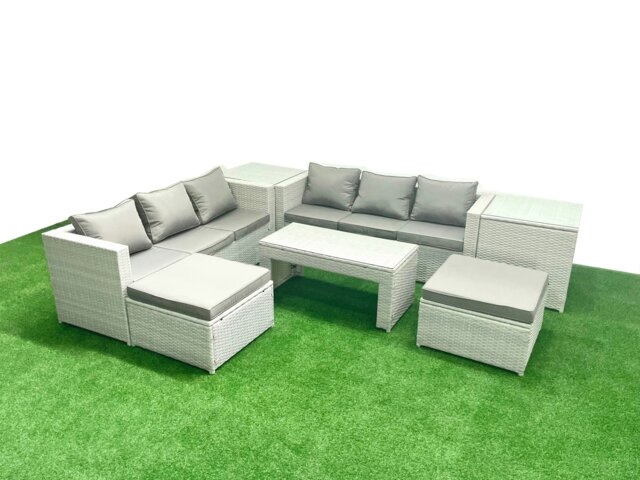 Rackhams 8 Seater Garden Outdoor Rattan Furniture Set Rattan Garden Sofa Oblong Coffee Table with 2 Big Footstools 2 Side Tables Light Grey Mixed - image 1
