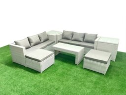 Rackhams 8 Seater Garden Outdoor Rattan Furniture Set Rattan Garden Sofa Oblong Coffee Table with 2 Big Footstools 2 Side Tables Light Grey Mixed - thumbnail 2