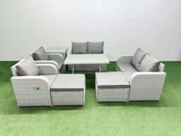 Rackhams 8 Seater Rattan Garden Furniture Set Outdoor Love Sofa Set with Rectangular Dining Table Side Table 2 Big Footstools Light Grey - thumbnail 1