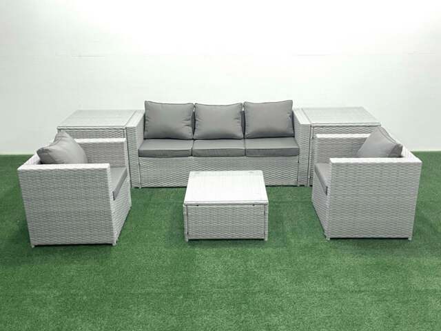 Rackhams 5 Seater Rattan Garden Furniture Set with 3 Seater Sofa 2 Chair Square Coffee Table 2 Side Tables Light Grey Mixed - image 1