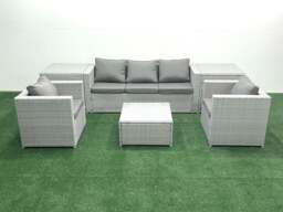 Rackhams 5 Seater Rattan Garden Furniture Set with 3 Seater Sofa 2 Chair Square Coffee Table 2 Side Tables Light Grey Mixed - thumbnail 2