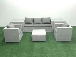 Rackhams 5 Seater Rattan Garden Furniture Set with 3 Seater Sofa 2 Chair Square Coffee Table 2 Side Tables Light Grey Mixed - thumbnail 1