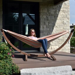Rackhams Double Sunbrella Hammock with Solid Pine Arc Stand - Cameo - thumbnail 2