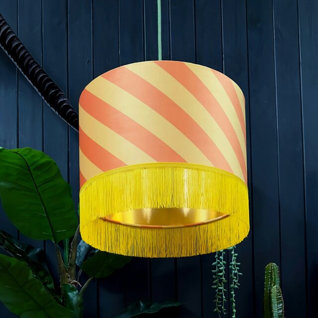 "Rackhams Marmalade Helter Skelter Velvet Lampshades With Gold Foil Lining and Fringing - Ceiling Pendant / Arc Lamp - 35cm diameter x 20cm height / 14"" x 8""" - image 1