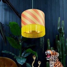 "Rackhams Marmalade Helter Skelter Velvet Lampshades With Gold Foil Lining and Fringing - Ceiling Pendant / Arc Lamp - 35cm diameter x 20cm height / 14"" x 8""" - thumbnail 2
