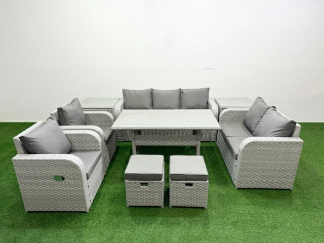 Rackhams Light Grey PE Rattan Outdoor Lounge Set - Reclining Chair, Double Loveseat, Rectangular Dining Table, 2 Stools & 2 Side Tables - image 1