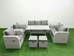 Rackhams Light Grey PE Rattan Outdoor Lounge Set - Reclining Chair, Double Loveseat, Rectangular Dining Table, 2 Stools & 2 Side Tables - thumbnail 1
