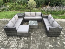 Rackhams Outdoor Rattan Garden Furniture Set 10 Seater Patio Lounge Sofa Set with Side Table Square Coffee Table Big Footstool Dark Grey Mixed - thumbnail 2