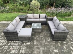 Rackhams Outdoor Rattan Garden Furniture Set 10 Seater Patio Lounge Sofa Set with Side Table Square Coffee Table Big Footstool Dark Grey Mixed - thumbnail 1