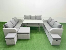 Rackhams PE Rattan Lounge Sofa Set 12 Seater Outdoor Garden Furniture Set with Rectangular Dining Table 3 Seater Sofa 3 Stools 2 Side Table Light Grey - thumbnail 1
