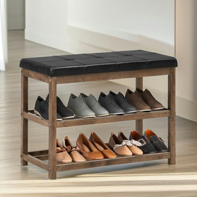 Rackhams Wooden 2 Tier Shoe Rack Bench Brown - image 1