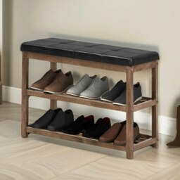 Rackhams Wooden 2 Tier Shoe Rack Bench Brown - thumbnail 3