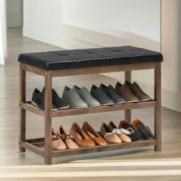 Rackhams Wooden 2 Tier Shoe Rack Bench Brown - thumbnail 1